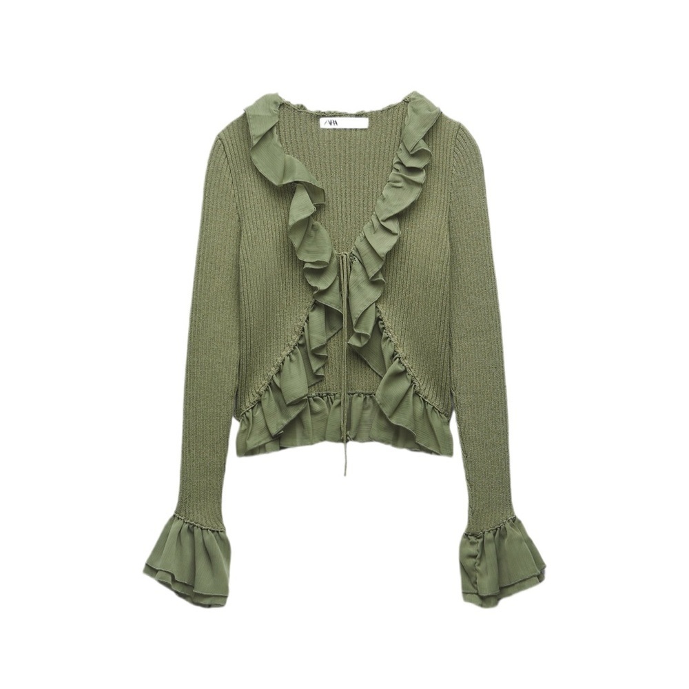 Zara Green Ruffled Knit Cardigan - Picture 2 of 9